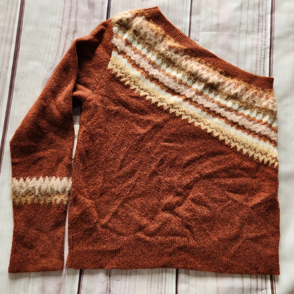 NWT Anthropologie "Vittoria Fair Isle" One Shoulder Sweater Wool Alpaca Blend XL - Picture 7 of 12
